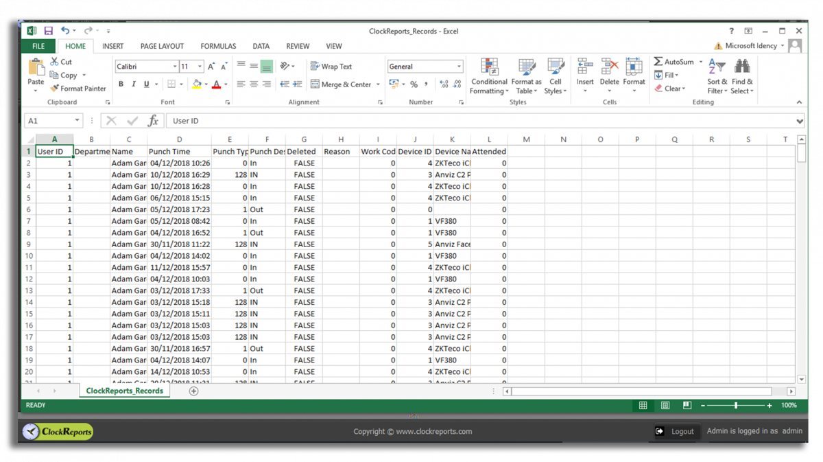 Clockreports excel export