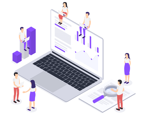 Isometric image showing people in abstract working environment with laptop and documents