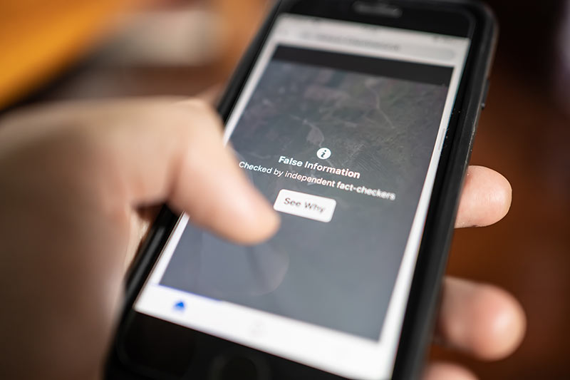 Photo: hand holding mobile phone with screen showing words 'False Information'
