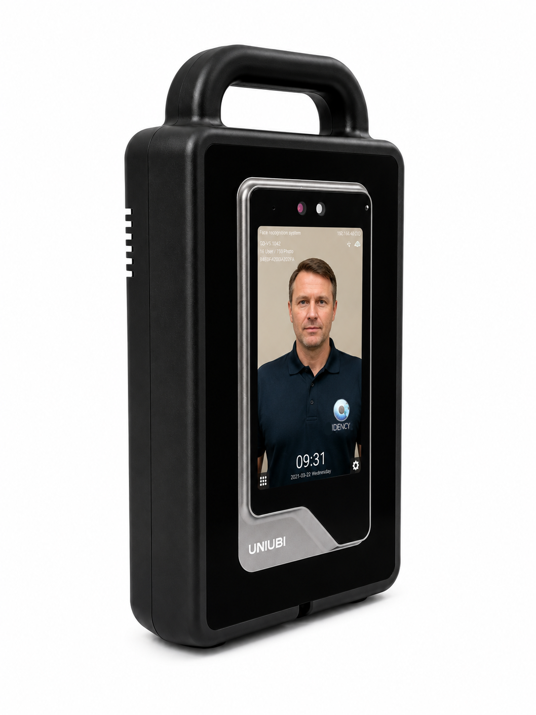 UFace 5 Pro Portable Kit productafbeelding. Gezichtsherkenningsapparaat dat de voorkant van het scherm toont in een draagbare behuizing met handvat en een medewerker op het scherm