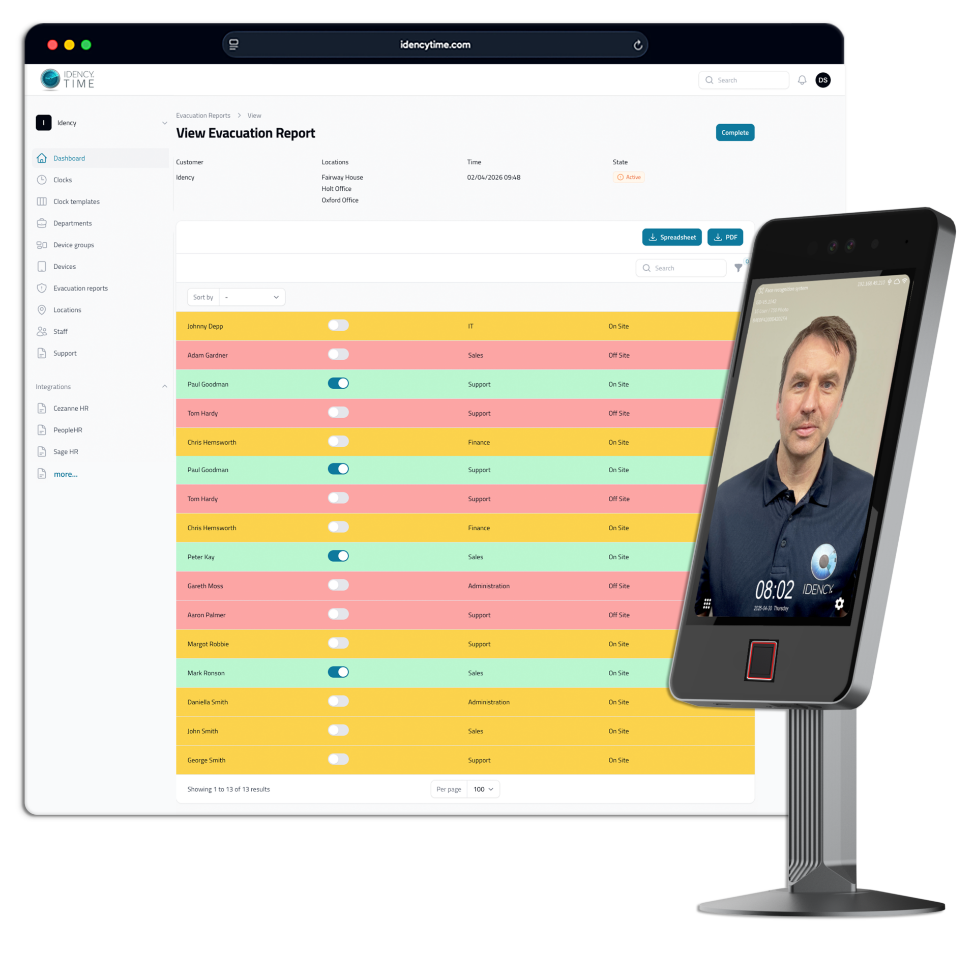 IdencyTime Evac module dashboard with UFace 8 on stand