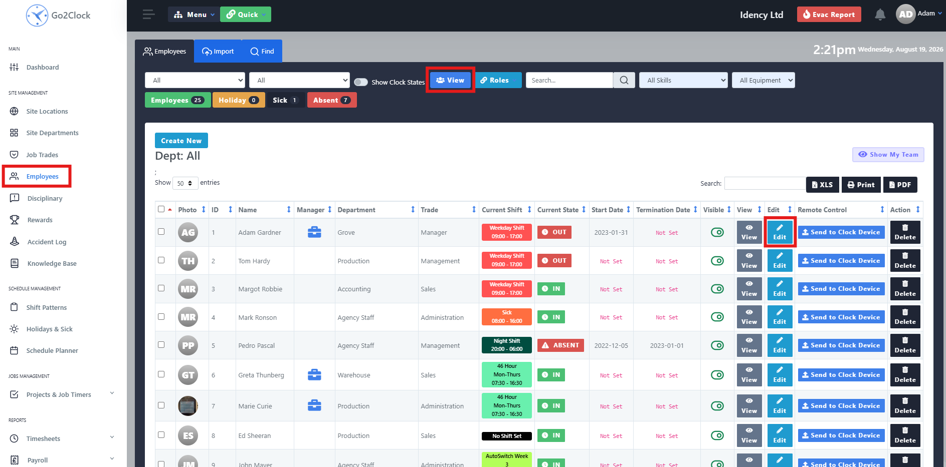 Employee dashboard showing Equipment Issued tab in Go2Clock
