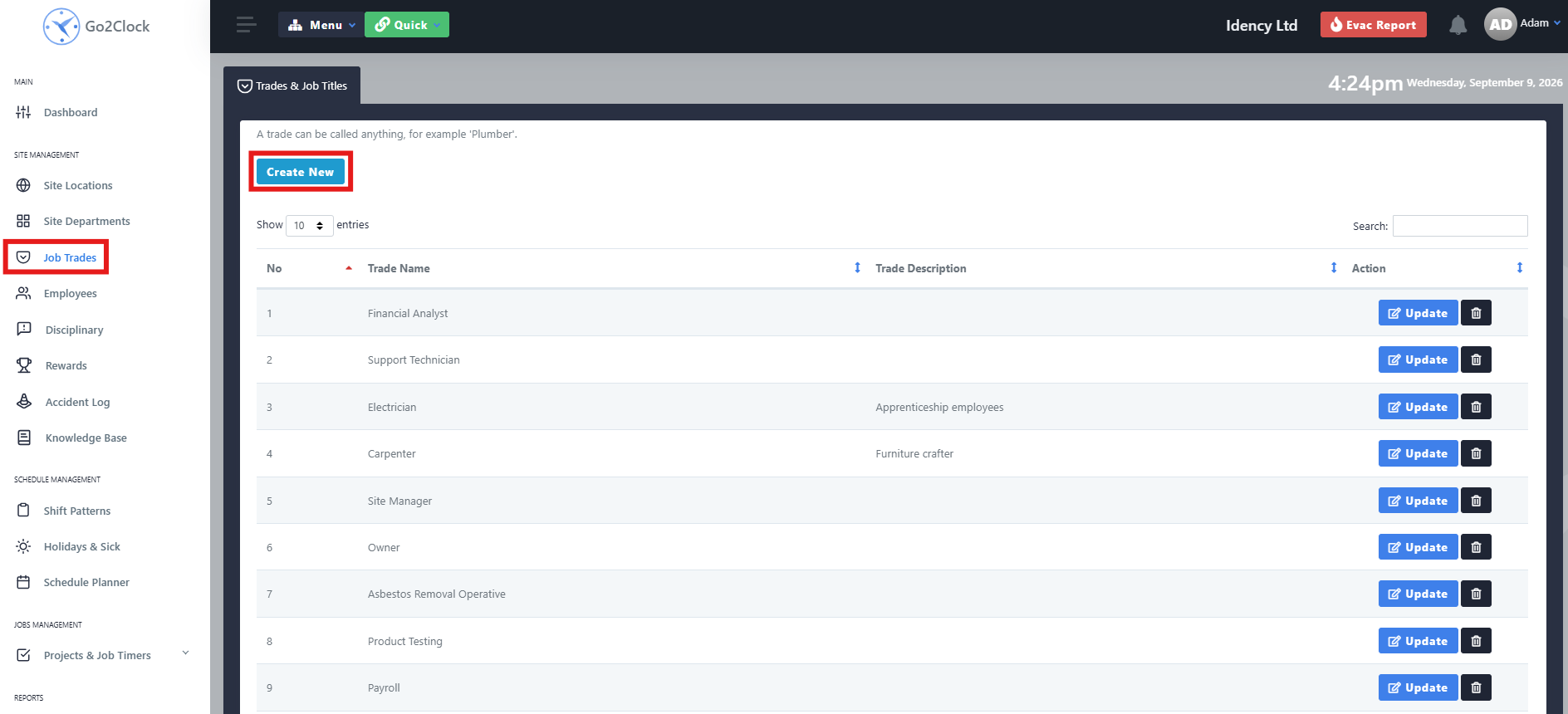 Creating a new Job Trade in Go2Clock.