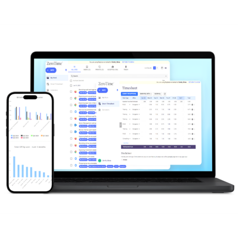 Replicon software being used on laptop and mobile
