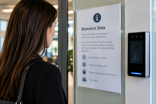 woman reading biometric data notice