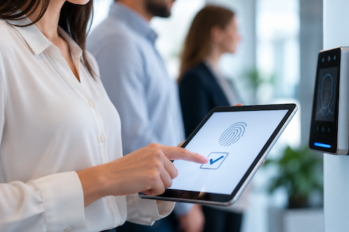 Workplace biometric consent. Woman ticks box on tablet confirming fingerprint